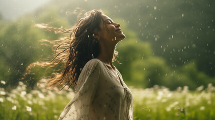 Joyous Dance: Woman Embracing the Spring Rain, Generative AI illustration.