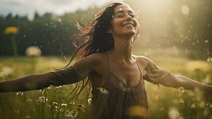 Joyous Dance: Woman Embracing the Spring Rain, Generative AI illustration.