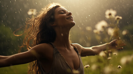 Joyous Dance: Woman Embracing the Spring Rain, Generative AI illustration.
