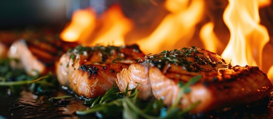 Grilled salmon with horizontal flames