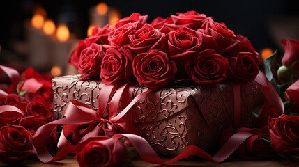 Valentines Day gift horizontal photography. Red Valentines Day closeup photgraphy of gift and flowers.