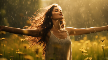 Joyous Dance: Woman Embracing the Spring Rain, Generative AI illustration.