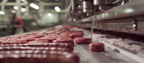 Detailed view of sausage manufacturing in a controlled environment - obrazy, fototapety, plakaty
