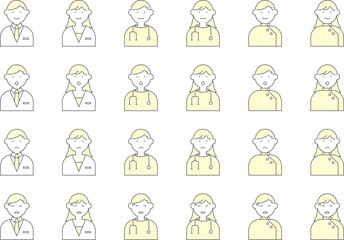 Fototapeta premium 医者 人物 アイコン イラスト セット 白衣 ドクター 聴診器 看護師 表情 バリエーション