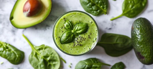 Fresh spinach avocado smoothie in glass. Healthy food and lifestyle