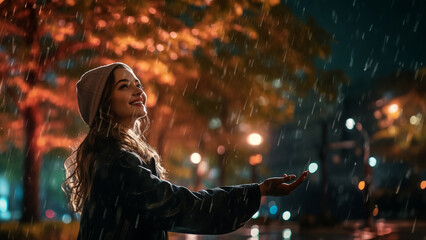 "Urban Bliss: Woman Reveling in the Rain, Generative AI illustration"