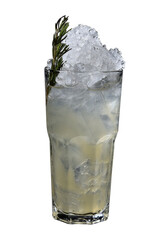 refreshing alcoholic drink with berries, ice vodka and gin, lemon peel served in glass cup on the counter on blurred background
