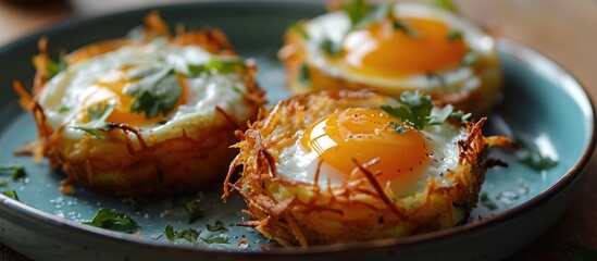Hash brown and egg nests on a plate. - obrazy, fototapety, plakaty