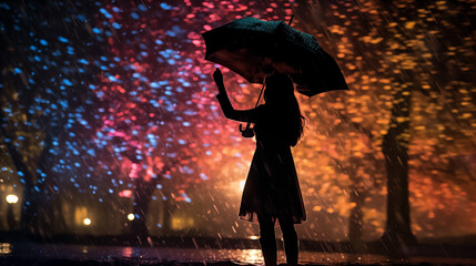 Mystical Evening Stroll: Solitary Woman with Umbrella Amidst Rain-Swept Streetlights, Generative AI illustration