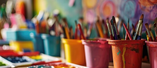 Vibrant art supplies at a kindergarten.