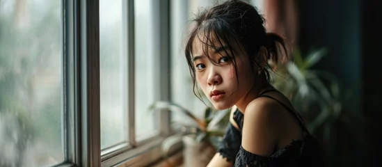 Fotobehang Asian girl upset, crying on windowsill, feeling lonely or insulted, quarrel with parents or friends, home interior, panoramic. © AkuAku