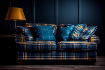 Modern sitting room close up of a blue tartan upholstered sofa and blue tartan cushions set against a blue panel wall interior room design mock up