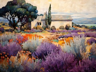 Landscape, watercolor painting. Mosaic painting patchwork,..Mediterranean, lavender fields