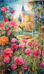 Fototapeta na wymiar Landscape, watercolor painting. Mosaic painting patchwork,..rose garden
