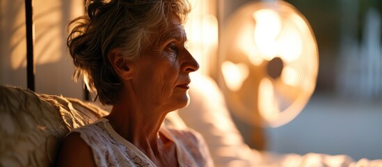 Middle-aged woman experiencing insomnia at home uses fan for relief.