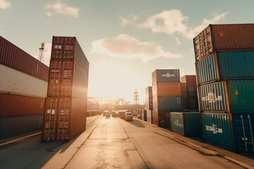 Shipping containers at dock with sunny skies. Generative AI