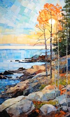 Landscape, watercolor painting. Mosaic painting patchwork, seascape