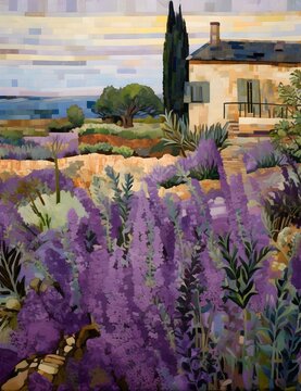 Landscape, watercolor painting. Mosaic painting patchwork,..Mediterranean, lavender fields