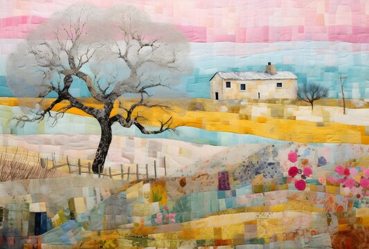Landscape, watercolor painting. Mosaic painting patchwork