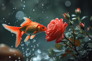 A goldfish curiously sniffing a single oversized rose in a mystical underwater garden