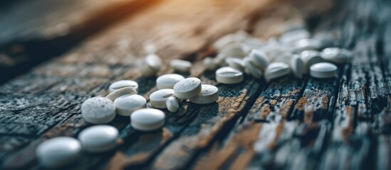 Oxycodone is the generic name for opioid pain tablets, seen on a wooden table. - obrazy, fototapety, plakaty