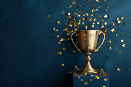golden throphy cup with flying star confetti on a navy blue background