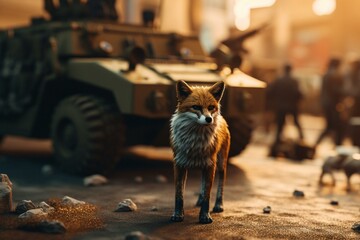 A Fox soldier defends a convoy against enemy forces in a battle. Generative AI - obrazy, fototapety, plakaty