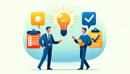 a stylized illustration of two professionals engaged in a productive discussion. symbolizing a new idea or solution, indicating agreement or task completion.
