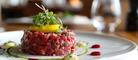 Classic steak tartare presented on a white plate, its raw beef exuding delectable flavors.