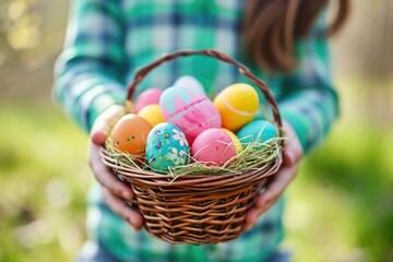 Child holding a basket of Colorful Easter eggs. Kids hunt for eggs outdoors concept. - obrazy, fototapety, plakaty
