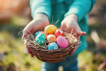 Stoff pro Meter Child holding a basket of Colorful Easter eggs. Kids hunt for eggs outdoors concept. © Adriana