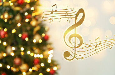 Music notes and blurred view of Christmas tree, bokeh effect