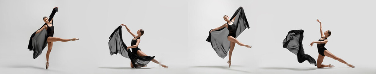 Ballerina with black veil practicing dance moves on white background, set of photos