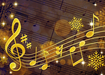 Treble clef, music notes, snowflakes and sheet with musical symbols. Bokeh effect