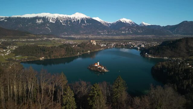 Ascending Drone Shot Reveals Beautiful Lake Bled, Slovenia. Top Travel Destination