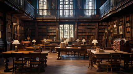 Deserted Library Reading Room with Antique Wooden Tables - obrazy, fototapety, plakaty