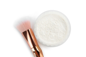 Rice loose face powder and makeup brush on white background, top view.