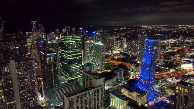 Aerial footage ob skyscrapers in Downtown Miami.