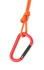 One metal carabiner with rope isolated on white, top view