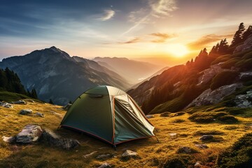 Mountain tent camping in the wilderness, a concept of recreation and hiking. Generative AI - obrazy, fototapety, plakaty