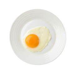 Plate with tasty fried egg isolated on white, top view