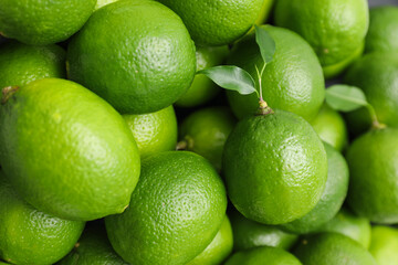 Many fresh limes with green leaves as background, closeup