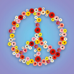 Hippie peace symbol of beautiful flowers on color background