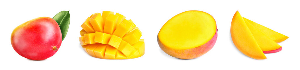 Mango fruits cut in different ways and one whole isolated on white