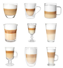 Delicious latte macchiato in different glasses on white background, set
