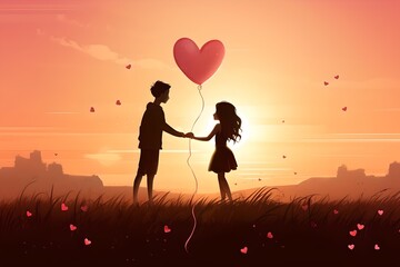 Girl And Boy Holding Heart-Shaped Balloon at Sunset
