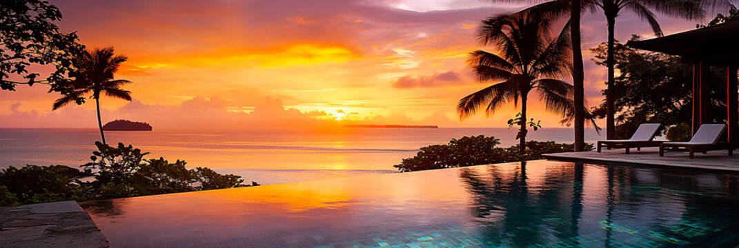 Beautiful horizon and sunset from a tropical resort hotel