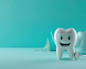 A smiling tooth character with a toothbrush and dental mirror on a mint green background, representing dental care and hygiene.