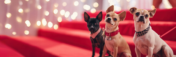 Three small dogs in festive neckwear posing on a vibrant red carpet.
