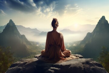 A Woman sitting in Meditation on top of the Mountain, represents Spiritual Enlightenment, Compassion, Love, and Inner peace. A representation of Devotion, Solitude and Grace - obrazy, fototapety, plakaty